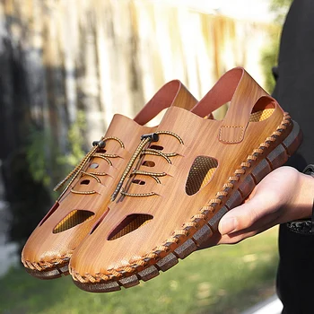 Лятна кожена мъжки ежедневни обувки, луксозни маркови улични сандали, с високо качество плажни сандали в римски стил Sandalia, големи размери 38-47, чехли