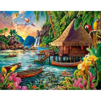 GATYZTORY Картина на номерата на Къщата на брега на Езерото Пейзаж Ръчно рисувани Картини с Номера Пейзаж Живопис Декор на стените САМ Подарък