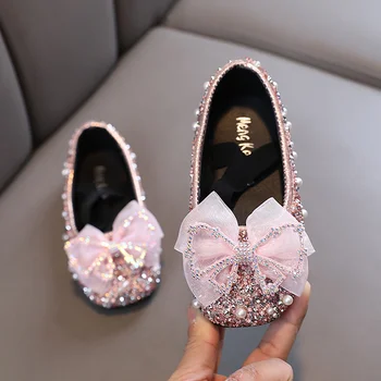 Нови обувки-лодка за момичета, блестящи обувки с лък, Детски тъканни обувки на плоска подметка с пайети, Детски балетные обувки на принцесата на грах с еластична лента, Върху плоска подметка