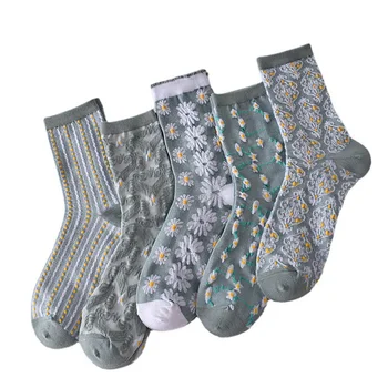 Дамски чорапи с ниска талия, 10 чифта в опаковка, дишащи чорапи до средата на прасците с флорални терен за ежедневно носене в домашни условия