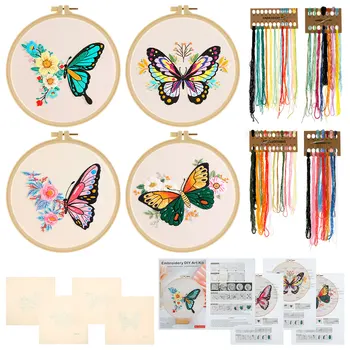 Комплект за бродиране на пеперуди от 4 теми, стартови комплекти, комплект за бродиране миещ модел, ярък с