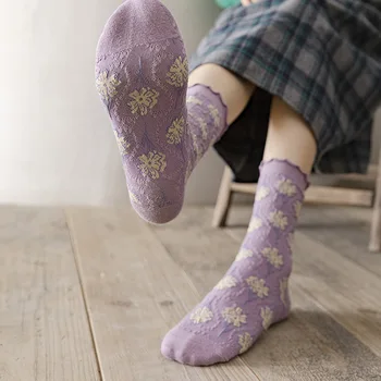 Дълги чорапи с цветна бродерия, 5 цвята, женски японски кавайные сладки чорапи с волани, корейски Harajuku стил, ретро реколта чорапи за екипажа, 2023