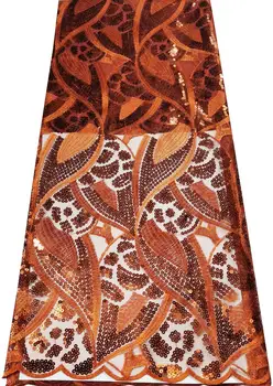 Африканска лейси плат 2023 Висококачествена френска Окото Лейси плат С пайети Нигерийски дантелени платове за булчински рокли ELB211 Оранжев цвят