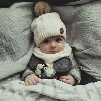 2 бр. зимна детска шапка, шал, обикновен мек памук на топло сладко плюшено пискюл, шапка за момичета и момчета, шапка за новородени деца