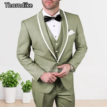 Thorndike 2023, през Пролетта Нов дизайн, мъжки костюм Чайно-зелено от 3 теми С Бяла яка Поло в рубчик, Однобортный Блейзър Ежедневна cut