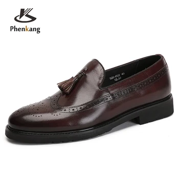 Phenkang/ мъжки лоферы с пискюли от телешка естествена кожа, сватба парти, мъжки ежедневни модельная обувки, модни мъжки обувки в стил джентльменском