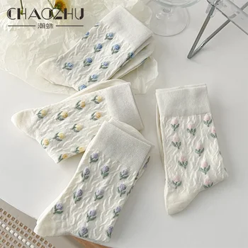 CHAOZHU, 4 чифта/лот, женски пресни чорапи с шарките на Kawai Лале, бял пролетно-летен комплект от чорапи, памучно гребенчатое плетене