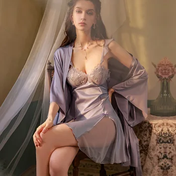 Женското Кимоно, халат за баня, сексуална коприна нощница, 2 броя, пижами, бродерия, украса от дантела, нощница на спагети презрамки, Бельо