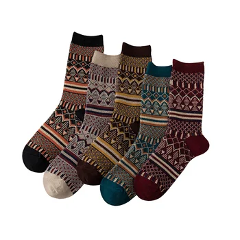 1 чифт женски чорапи, пролет-есен, мъжки чифт памучни чорапи в стил ретро, националната мрежа, модел на райета, ретро, обикновена чорапи