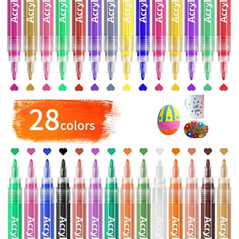 28 Ярки цветове Акрилен комплект за рисуване, 3 мм, на върха на писалка, ярък цвят, Бързосъхнеща Нетоксичная Боя на водна основа, дръжка за камък, Метал, Стъкло
