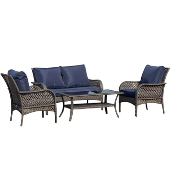Уличен сплетен диван от ратан от 4 теми, комплект от 4 стола и маса, Водоустойчив материал, синьо