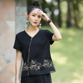 2023 традиционната китайска блуза ретро ежедневни свободна китайската ципао реколта шифоновая блуза с бродерия на цветя и ориенталски костюм от епохата на тан
