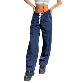 Дамски панталон в контрастен цвят, с високо еластична гумена лента за кръста, дълги панталони с прав штанинами за жени, S/M/L
