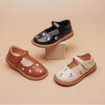 Малки кожени обувки на принцесата за момичета 2023 Четири сезона, обувки за народни танци, корея, детски обувки с бродерия, обувки за момичета
