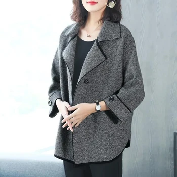 Корейската версия, модерно свободното си вълнена палта с ревери, есен-зима, нова удебелена ветрозащитная офис дамски ежедневни яке