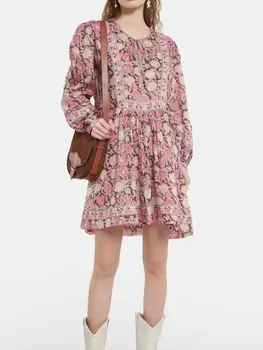Секси мини рокля от 100% памук, дантела с флорални принтом, ръкав-фенер, женски халат, с кръгло деколте и джобове, Есен 2023 г.