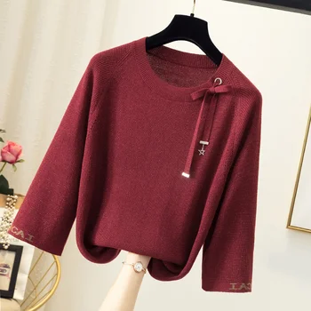 Дамски ярки копринени възли пуловери, дамски есенни пуловери 2023 г., модни корейски пуловери в корейски стил с безплатен ръкав три четвърти и лък