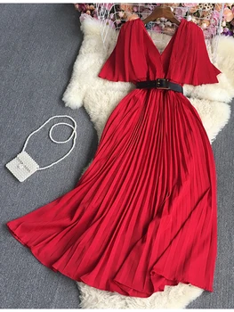 Секси Лятна рокля Темпераментна корейската версия с V-образно деколте и Висока талия За Пътуване до работа, Однотонное Рокля с къси ръкави D3077