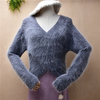 Дамски Есенно-зимни дрехи, сиво вязаная вълна вълна ангорского заек, къси, плътно прилепнали блузи с V-образно деколте, пуловер, жилетка, пуловер