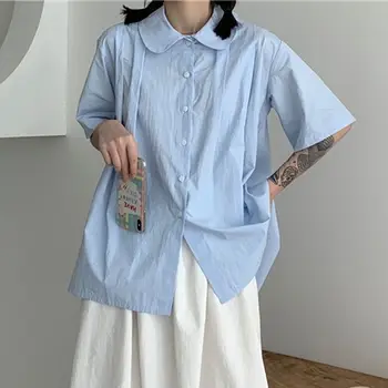 Дамска блуза Deeptown Harajuku с къс ръкав, оверсайз, риза Kawaii в корейски стил, летни чисто сини блузи, стилни японската мода