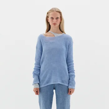 2023 Пролетно-летния нов дамски пуловер, трикотаж, без всекидневни топ с кръгло деколте и заниженными рамене, пуловер с дълъг ръкав