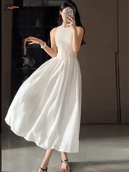 Лятно дамско бяло ежедневното вязаное рокля в стил мозайка, без ръкави, елегантна жена жилетное рокля, дамски официални рокли midi трапецовидна форма, дрехи