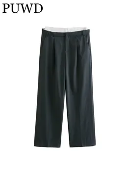 PUWD/ дамски модни черни панталони 2023, лятна реколта панталони с висока Талия с цип, свободни гънки, обикновен дамски панталони Mujer