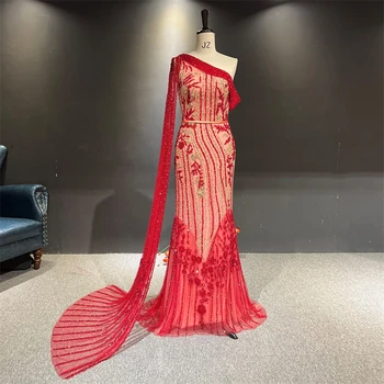 100% Реални снимки луксозна вечерна рокля от Червен на Цвят, с едно рамо, тежки кристални мъниста, Русалка, вечерна рокля за бала, секси вечерна рокля