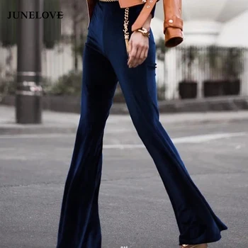 JuneLove, модни разтеглив кадифени панталони, дамски есен-зима тесни панталони-клеш, панталони с висока талия, панталони в уличном стил, в долната част панталони