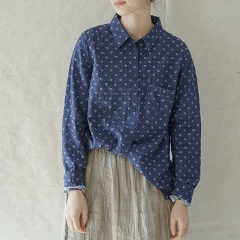 Johnature, женски реколта ризи с флорални принтом, меки памучни блузи, пролетно облекло, джобове, Блузи с дълъг ръкав, копчета 2023, ежедневни риза