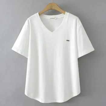 Дамски базова тениска голям размер 2023, летни памучни тениски с кръгла подолом и V-образно деколте, потник с къс ръкав, дрехи оверсайз