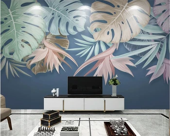 beibehang papel de parede, ръчно рисувани листа от тропически растения в скандинавски стил, малки, свежи и елегантни тапети на заден план дивана за телевизор