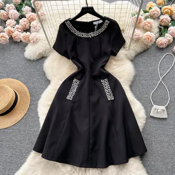 Луксозно дамско лятото черна рокля с къси ръкави, расшитое бриллиантовым мъниста, темпераментни рокли с високо качество