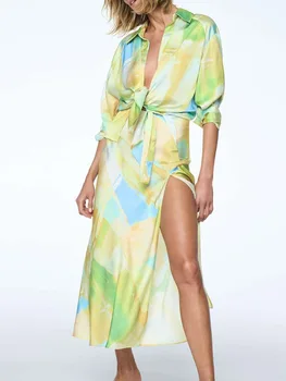 2022 Лято-есен, дамски комплекти от 2 теми, модни сатенени ризи с принтом, Потник + пола с цепка, Костюми, дамски елегантен костюм за отдих, облекло