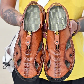 Лято 2023, Новост, Мъжки обувки Големи Размери, Градинска Модни и Ежедневни Плажни обувки с цип с Дупки, Мъжки Сандали Sandalias Hombre