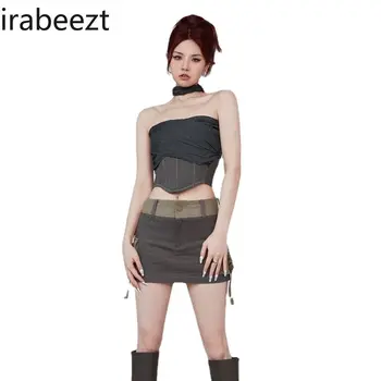 Комплекти прагове Irabeezt без ръкави, чубрица ризи, секси мини пола за най-горещите момичета с висока талия, корейски стил, комплект от две части, дамски дрехи