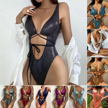 Секси комплект от Бикини за жени 2023, едно Парче бански костюм без ръкави, бански костюми с завязками, обикновен бански костюм от Изкуствена кожа