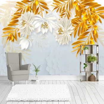 Съвременни Творчески 3D Релефни Цветя Златни Листа стенопис стенни плат тапети, хол с телевизор, разтегателен фон стенен декор на 3D стенопис