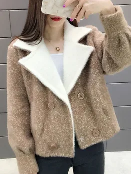 Дамско зимно яке 2023, нова корейска имитация норкового кадифе, кафяви, жълто, розово палто, модерни ежедневни кратки пуловери, якета, палта