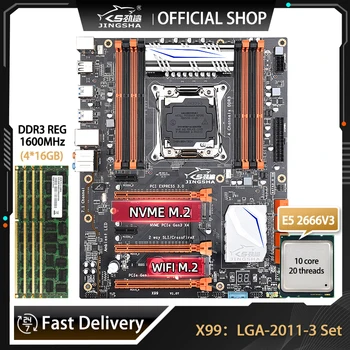 Комплект дънната платка JINGSHA X99 Xeon E5 2666 V3 Kit LGA 2011-3 CPU Процесор 64G = 4X16G DDR3 1600 Mhz Памет M. 2 NVME X99 Четырехканальный