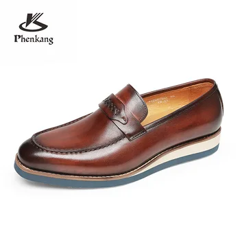 Мъжки кожени обувки производител на дрехи, обувки, за костюми, мъжки брандираната обувки на платформа Юнеца от естествена кожа, черни слипоны, сватбени мъжки обувки Phenkang