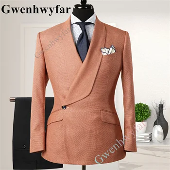 Gwenhwyfar Светло оранжево Мъжки оборудвана бизнес всекидневен костюм, рокля, комплект от две части, яке, панталони, мъжки сватбен блейзър за младоженеца, палта, панталони