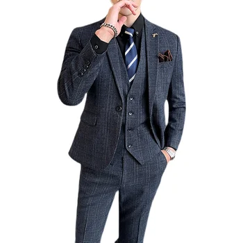 Модерен бизнес кариран костюм на райета, мъжки дрехи от 3 теми, 2023, нов стил, облекло за сватбеното парти, костюми Homme, размер 5XL-S