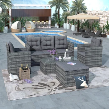 Уличен диван за двор от 5 теми, защитен от uv, с пейка за съхранение, комплект за плетени мебели от полиетилен със стъклена масичка