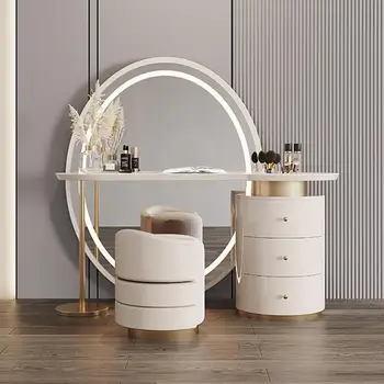 Лесен дизайнерски тоалетка от масивно дърво в луксозен стил, масичка за грим върху каменна плоча, вградена Ins Стил, огледало в цял корпус
