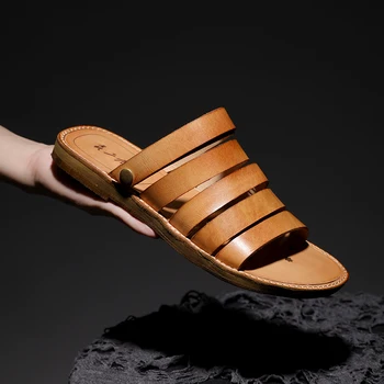 Мъжки сандали в рибарски стил с отворени пръсти, изработени от естествена телешка кожа, Дамски чехли на равна подметка, двустранен обувки, размер 35-46