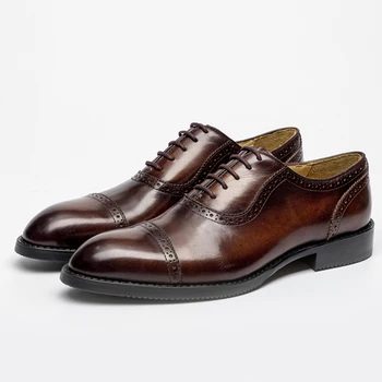 На модела обувки-броги в Италиански стил, Кафяви, черни, големи Размери, британска мъжки Бизнес обувки 43 44, Офис обувки-Oxfords от естествена кожа W-31