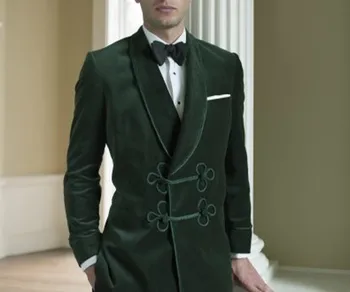 2020 Зелено кадифе костюми, смокинги за пушачи, мъжки класически костюм, приталенное рокля за сватбени партита, абитуриентски бал, сако с шал и отворотами, яке и панталони