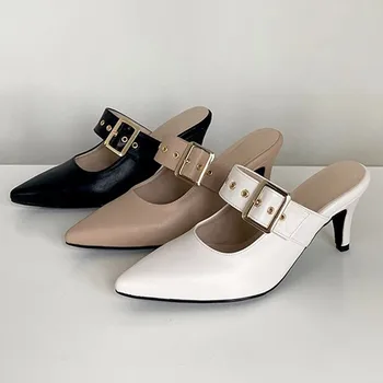 Дамски обувки на висок ток с остър пръсти, сандали на тънките токчета, дамски летни чехли Baotou с малките си пръсти и катарама