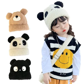 Детски шапки, зимни пуловер с сладки плюшени пандой за момчета и момичета, защита за уши, детски топъл зимен стил I1271